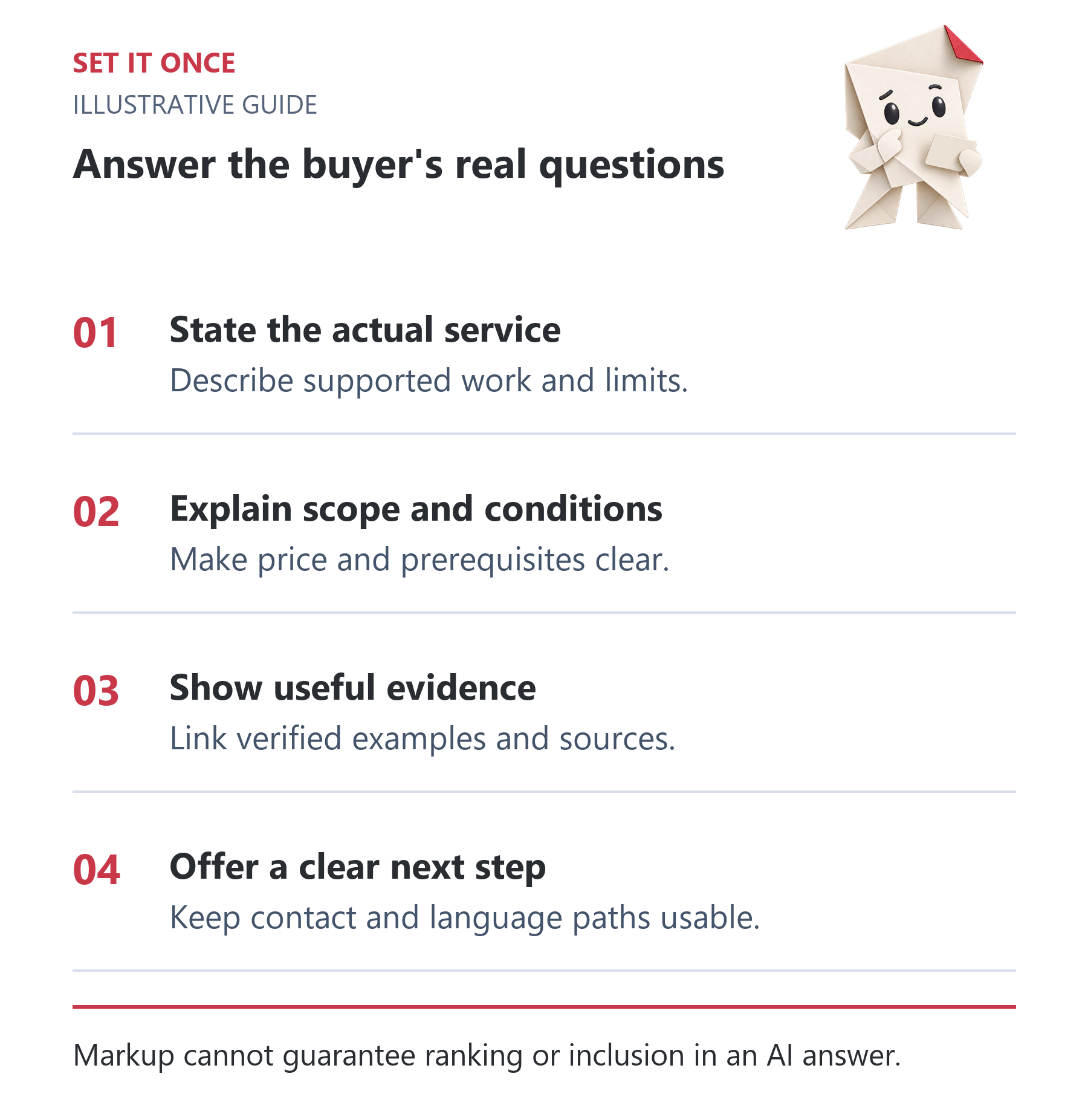 Answer the buyer's real questions: State the actual service; Explain scope and conditions; Show useful evidence; Offer a clear next step