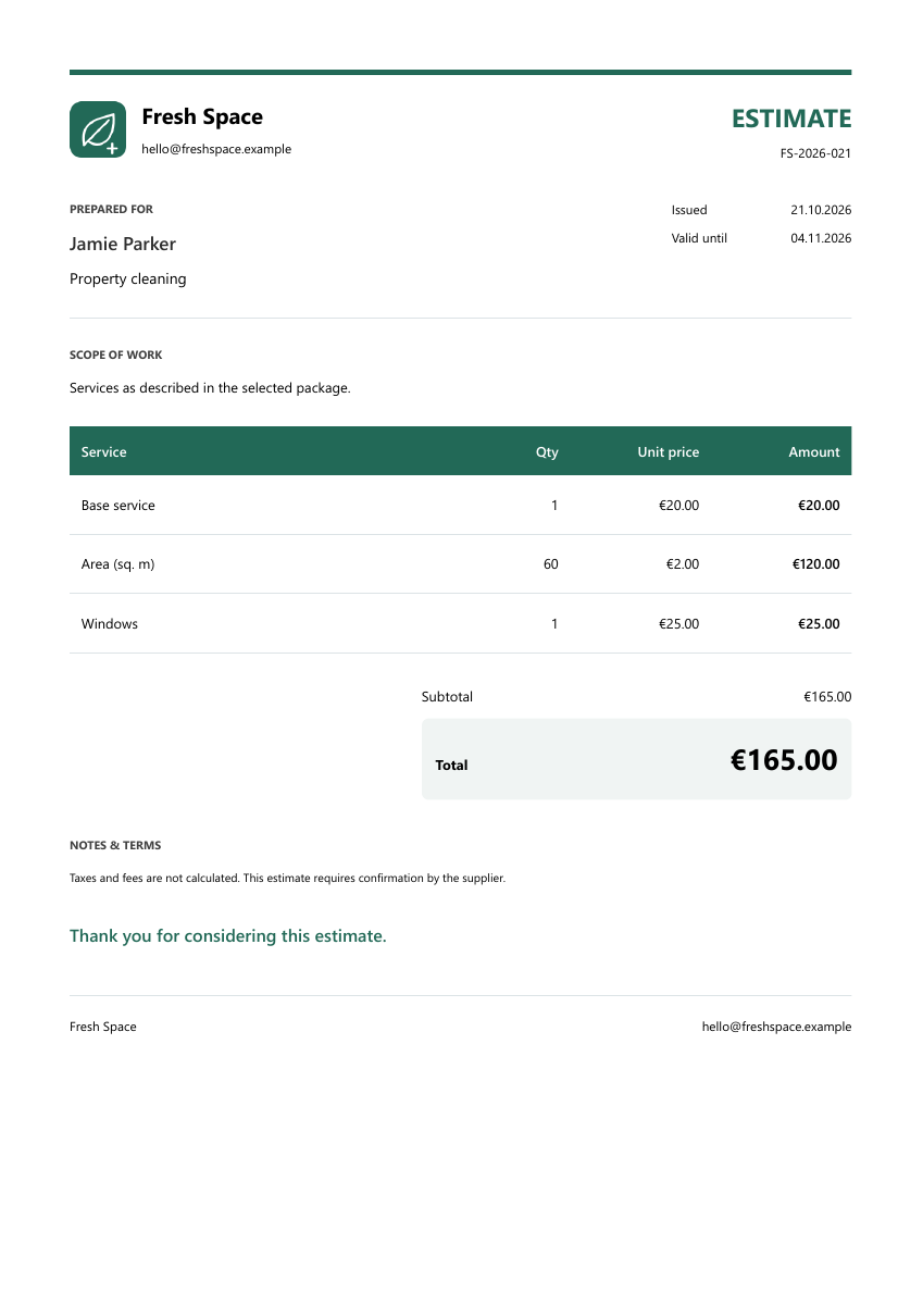 Sample PDF estimate: Cleaning business
