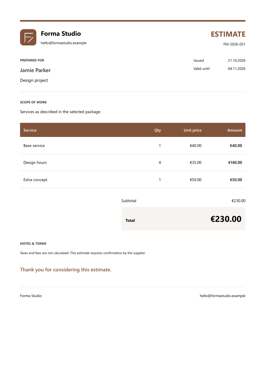 Sample PDF estimate: Graphic designer