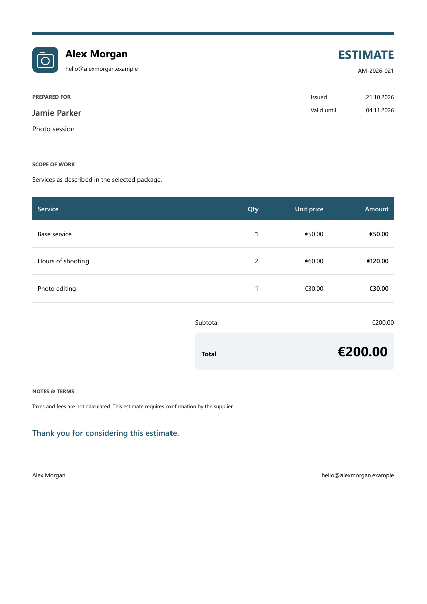 Sample PDF estimate: Photographer