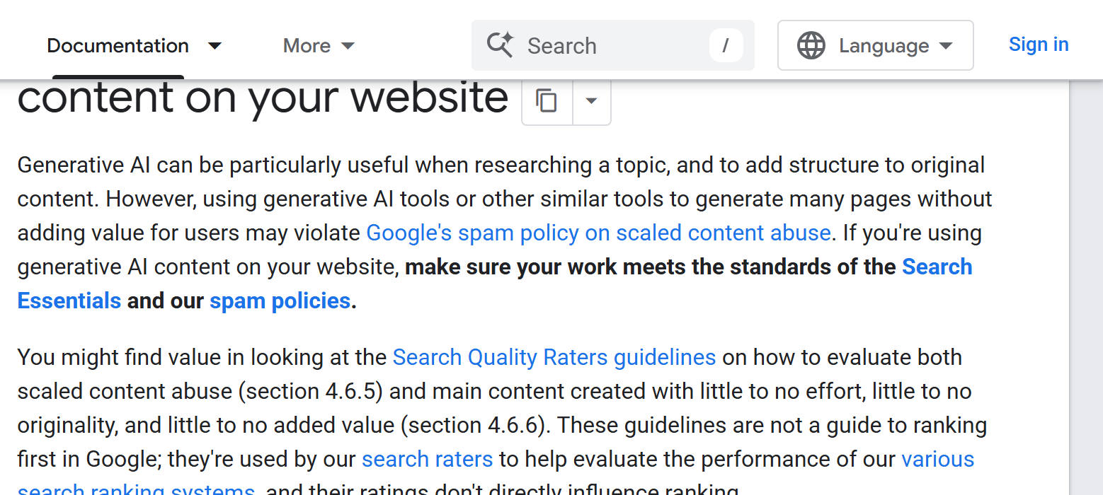 Screenshot of Google's guidance about AI content and mass generation without added value
