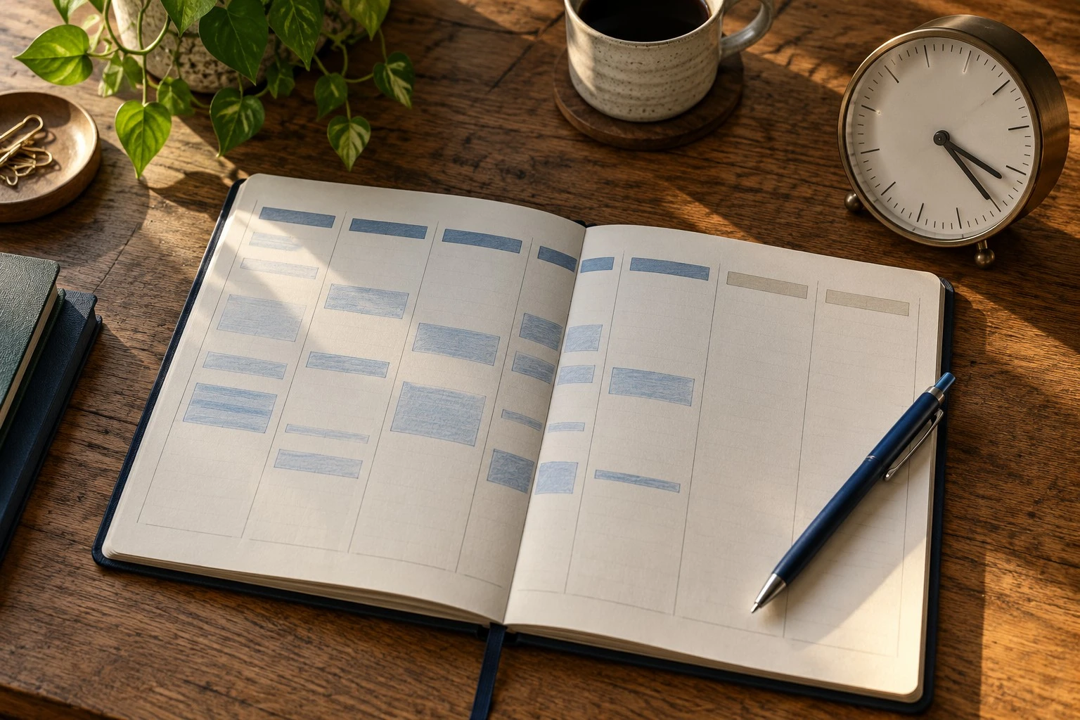 Weekly planner with blue working-time blocks, blank weekend columns and a desk clock