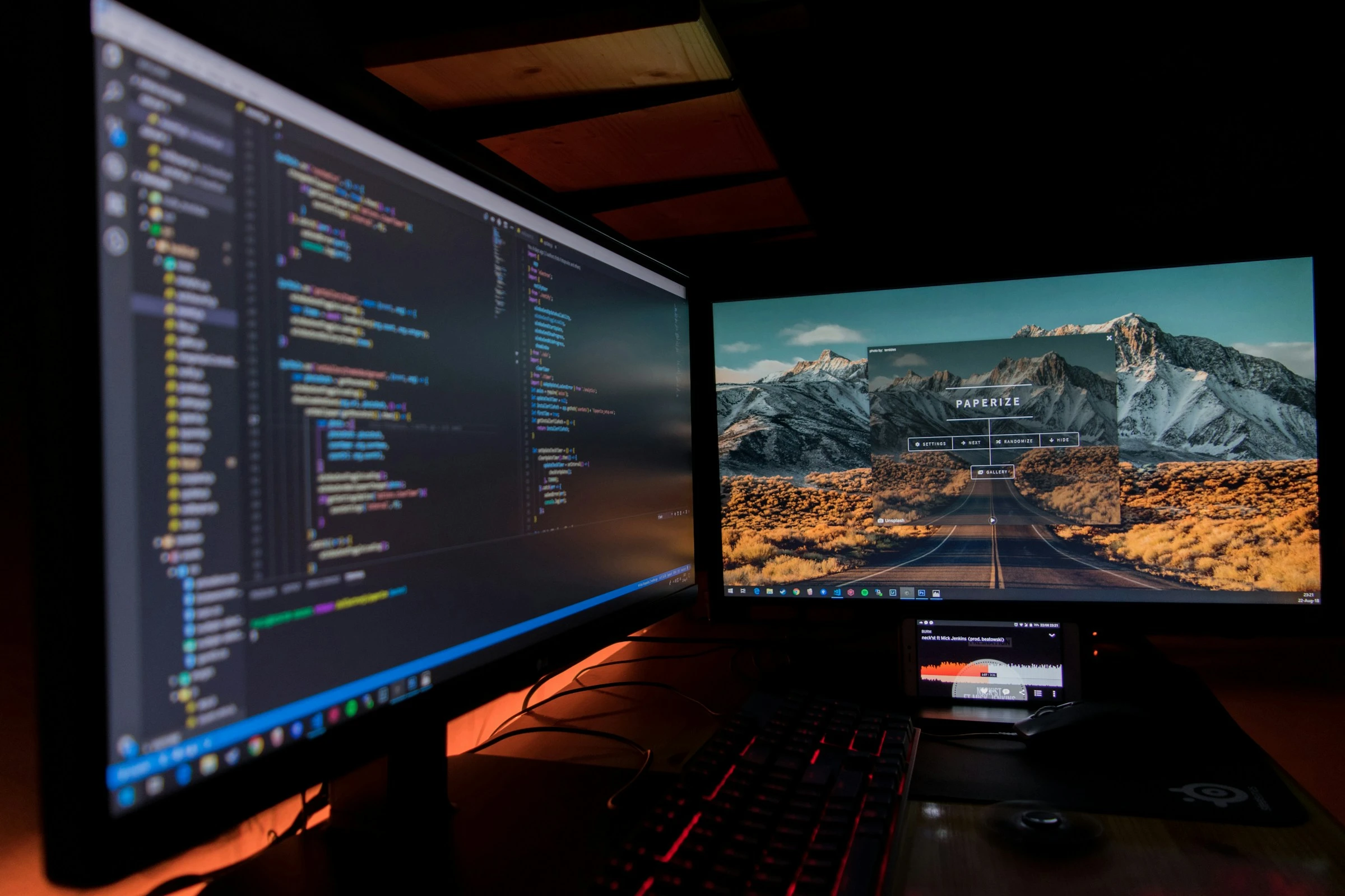 Dual-monitor software development workstation